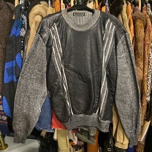 Men’s Vintage Saxony Leather Panelling Black & Gray Knit Oversized Sweater
